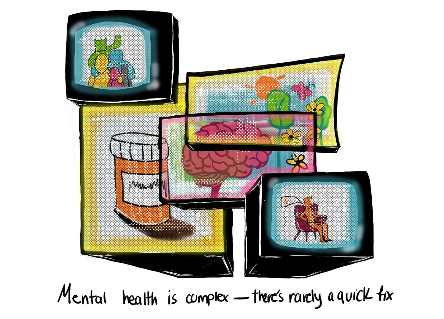 ​An illustration​ ​that showcases five TV screens​ stacked in a general rectangle shape, which depict the following scenes:  1.Top left​ screen: An abstract family. 2.Bottom left​ screen: A prescription bottle. 3.Top right​ screen: A nature scene. 4.Bottom left​ screen: An abstract man in a therapy chair. 5. Center​ screen: An illustration of a brain.   At the bottom of the image, ​handwritten text reads, "Mental health is complex-there's rarely a quick fix"