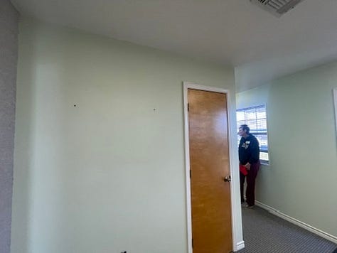 Six photos of the green walls in the office before we got to work painting..