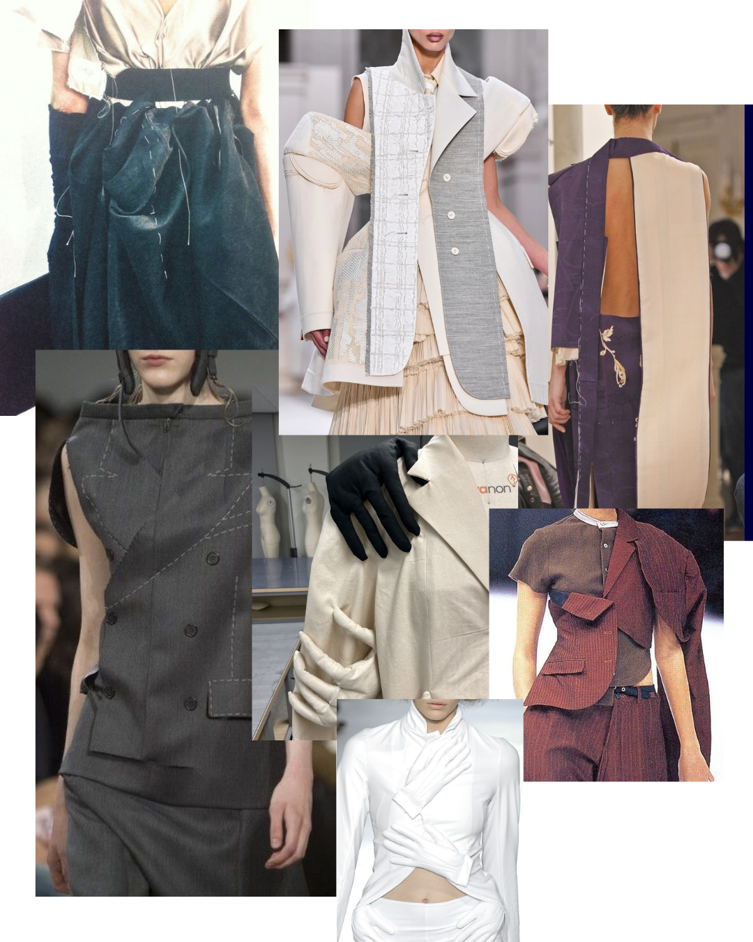 Met Gala 2026 unfinished art fashion mood board featuring Maison Margiela deconstructed tailoring with exposed seams and basting stitches, raw hem construction details, unlined jackets, and works-in-progress runway looks referencing the process of making fashion — Fashion is Art Met Gala 2026