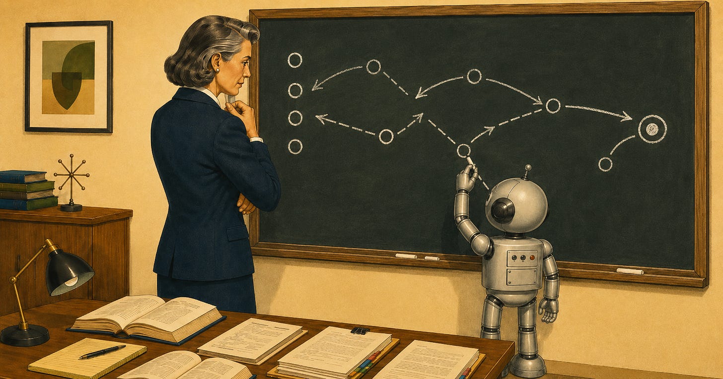 A mid-century editorial illustration of a professional attorney in a dark navy suit standing at a chalkboard with arms crossed in thought, while a small silver retro robot draws football play diagrams — circles and arrows — on the board. Legal books and papers cover the desk in the foreground. A mid-century editorial illustration of a professional attorney in a dark navy suit standing at a chalkboard with arms crossed in thought, while a small silver retro robot draws football play diagrams — circles and arrows — on the board. Legal books and papers cover the desk in the foreground.