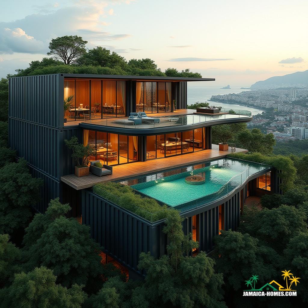 A luxurious, high-tech container module mansion with industrial chic and modern elegance, comprising four interconnected modules, spacious living area with protruding glass bay windows