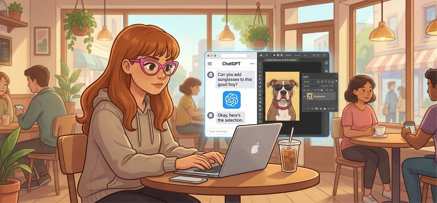 A stylized illustration of a woman working on a laptop in a cozy café. On her screen, ChatGPT is open with a message asking to “add sunglasses to this good boy,” alongside a Photoshop window showing a dog wearing sunglasses. Other people sit and chat around her, and an iced coffee sits on the table.