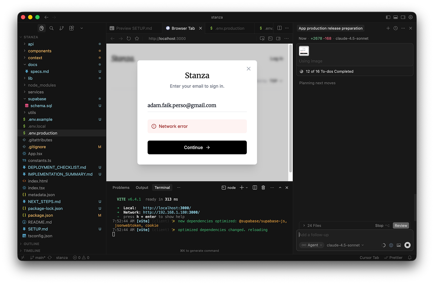 The Cursor chat panel shows the network error screenshot attached as an image input for the next prompt. The Cursor chat panel shows the network error screenshot attached as an image input for the next prompt.