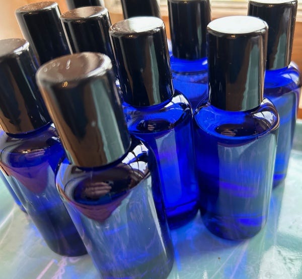Blue plastic and brown glass bottle examples