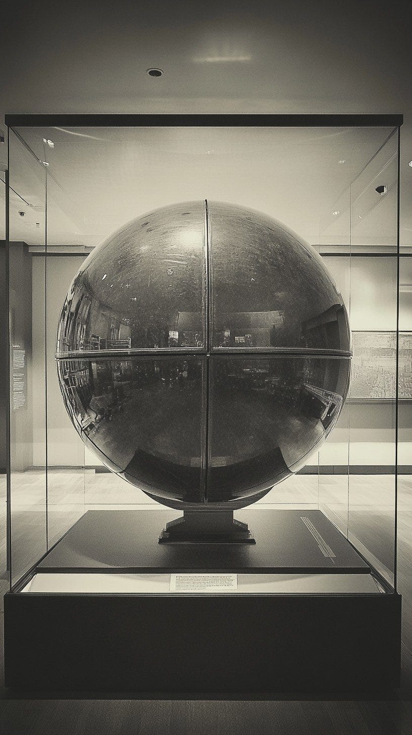 The photograph displays a large, spherical object masterfully encased within a transparent glass cube in a gallery setting. The exhibit, captured in monochrome, stands out due to its immense size and the reflective surface of the sphere, which subtly mirrors the surrounding environment. The minimalistic design of the space enhances the visual impact of the artifact, inviting viewers to ponder its significance and origins.