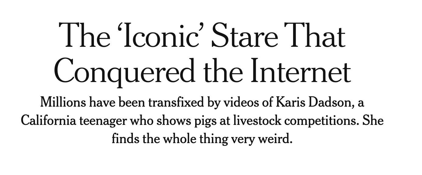 The ‘Iconic’ Stare That Conquered the Internet Millions have been transfixed by videos of Karis Dadson, a California teenager who shows pigs at livestock competitions. She finds the whole thing very weird.