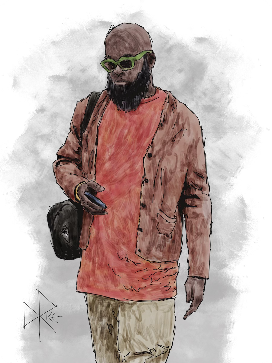 A bearded man holds his phone as he stands in his cardigan and green rimmed sunglasses, waiting on the next bus. Sketch art by Don Rice. A bearded man holds his phone as he stands in his cardigan and green rimmed sunglasses, waiting on the next bus. Sketch art by Don Rice.