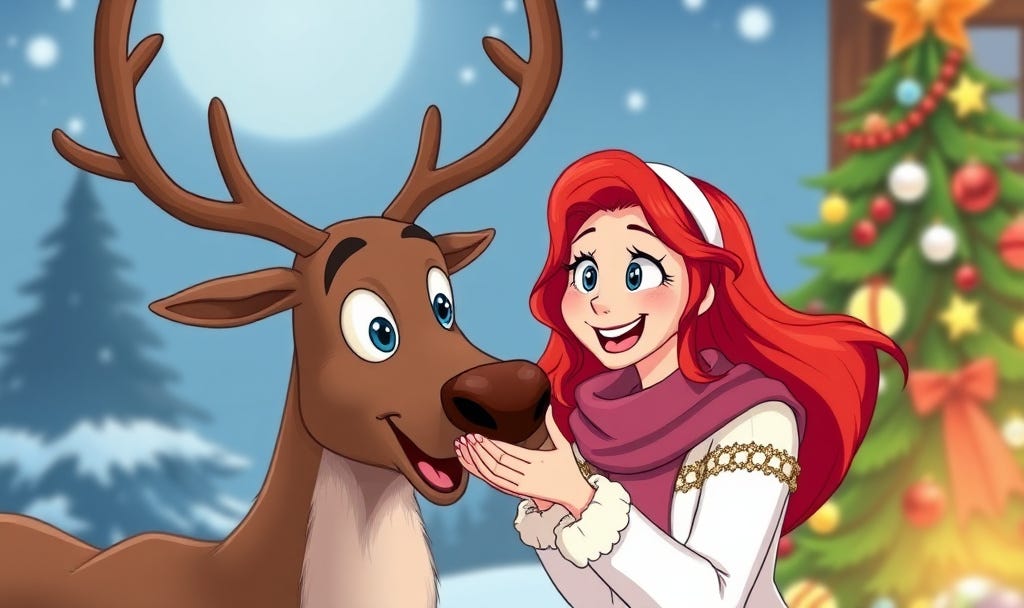 cartoon woman with red  hair and blue eyes smiling with delight as she feeds a reindeer from her hands near a Christmas tree