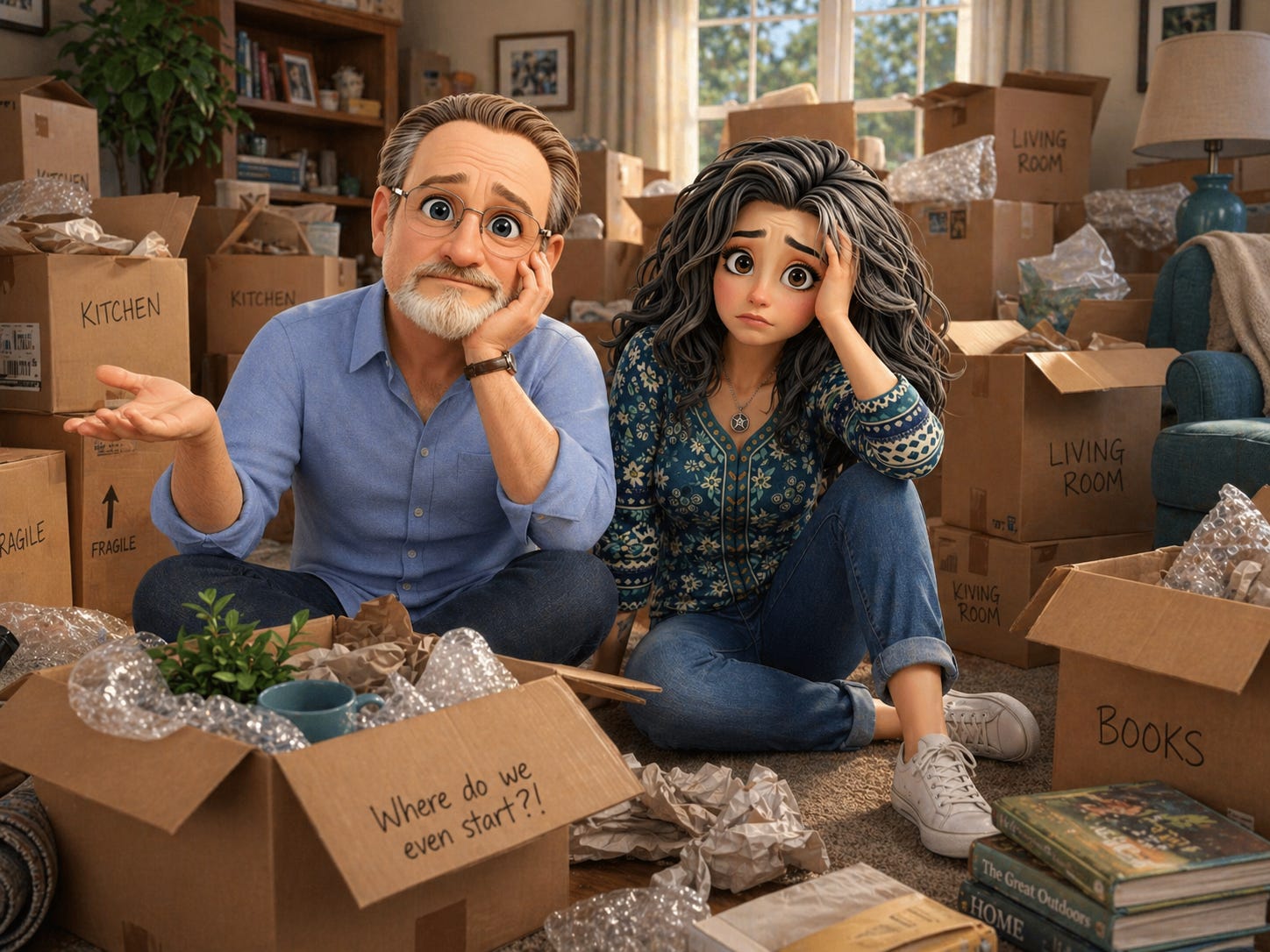 Pixar-inspired illustration of a overwhelmed couple sitting on the floor of their new living room, surrounded by moving boxes, packing paper, bubble wrap, books, and household items after moving into a new home.