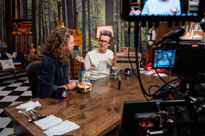 Rhett McLaughlin and Charles Lincoln Neil filming Good Mythical Morning.