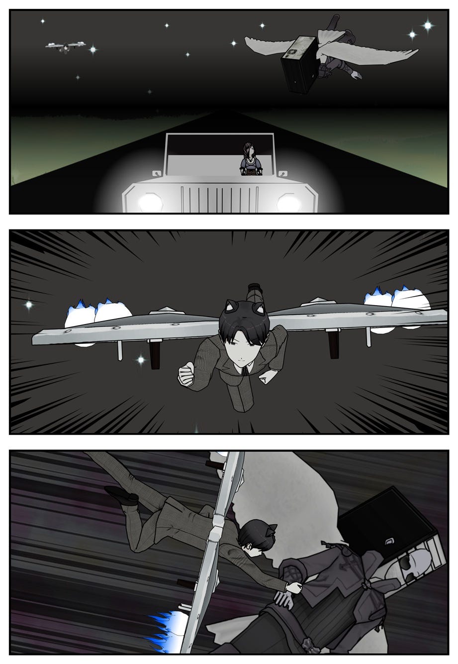 The robot flies after Vana in the car, but Ace re-appears, overtaking the robot and striking a blow.