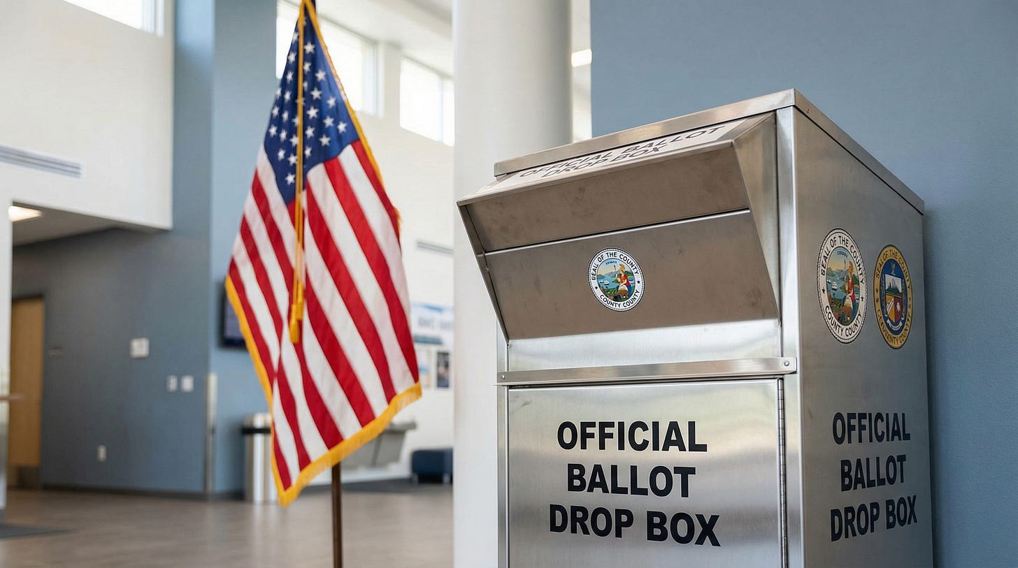 AI-generated illustration of a ballot drop box with an American flag in the background.