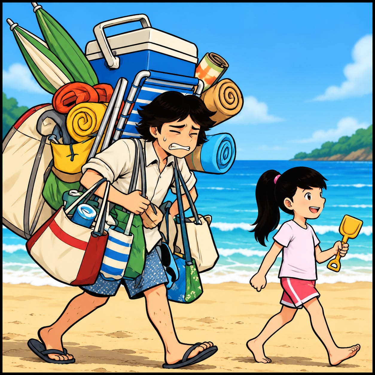 Papa carries a mountain of beach gear while Zara walks beside him with a tiny shovel.