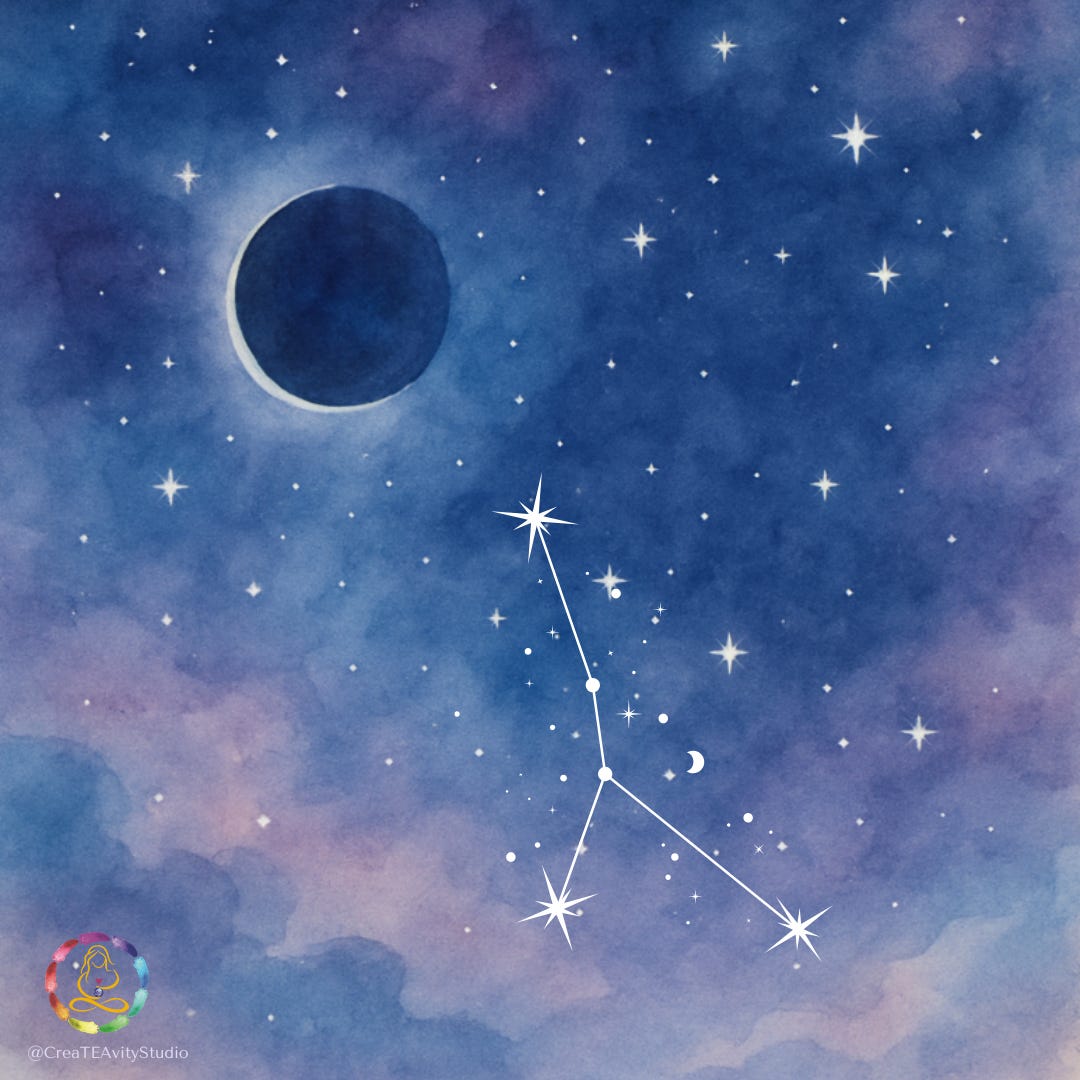New Moon watercolour image with Cancer constellation in white stars - CreaTEAvity Studio