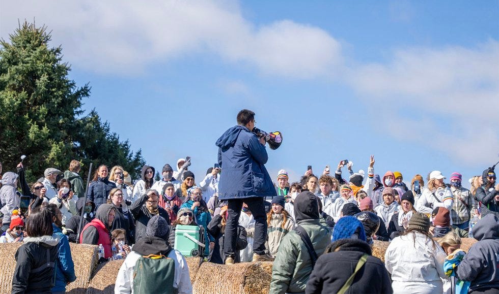 Activist Dean Wyrzykowski speaks to protesters at Ridglan Farms on April 18, 2026.