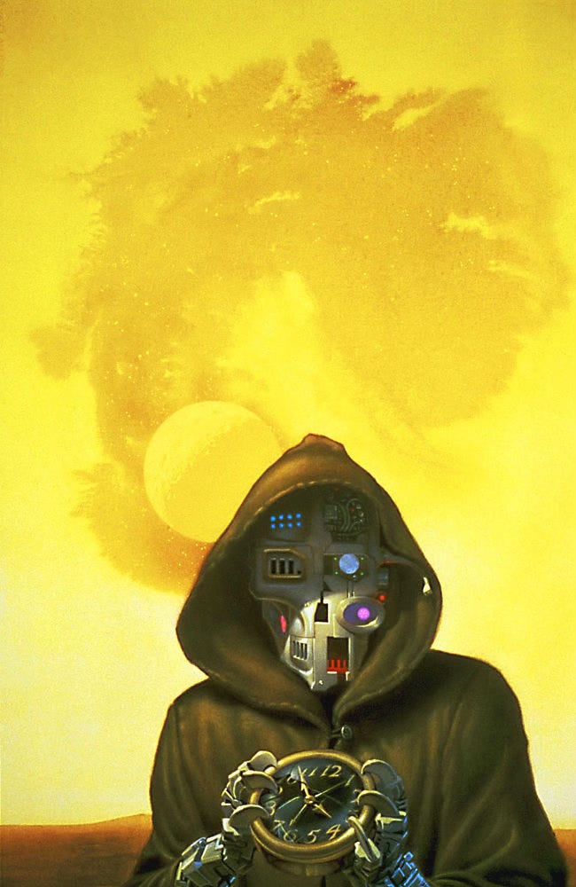 Wearing brown robes with hood drawn up, a robot with an oddly asymmetrical face stares squarely at the viewer as it grips a clock in its clawed grasp. The face is black with gold numbers, but the glass is broken. The hands are stopped at 3:53. A metal grate covers the robot's left eye and half the mouth. That side of the face resembles the steely mask of Doctor Doom, while the other side is an abstraction of lights and circuitry over silver metal. A blue light, cloudy like a planet, is placed where the other eye socket should be. Four bright green dots border form the points of a rectangle around it. Below the cheek—bearing no resemblance to a human feature—a pink sphere with light polka dots floats in blue-black field constrained by an oval bevel. The right side of its mouth is tall instead of wide contrasting the left with the bottom of the metal grate recessed and tinted red. A curving antenna sweeps down off the side of its forehead following the contour of the bell-shaped hood. The curve resembles the microphone attachment on a headset, although stubby and cut short wide at the cheek. The immediate backdrop is brown and desert-like, while the sky above dominates in oppressive yellow tones. Set just behind the figure's shoulder hangs the craggy surface of a moon set against an abstract starfield, darker than the wash of sky but still tinted yellow.