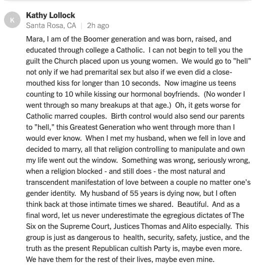Good morning, this comment on that last NYT op-ed from Kathy in Santa Rosa made me start crying. Good morning, this comment on that last NYT op-ed from Kathy in Santa Rosa made me start crying.