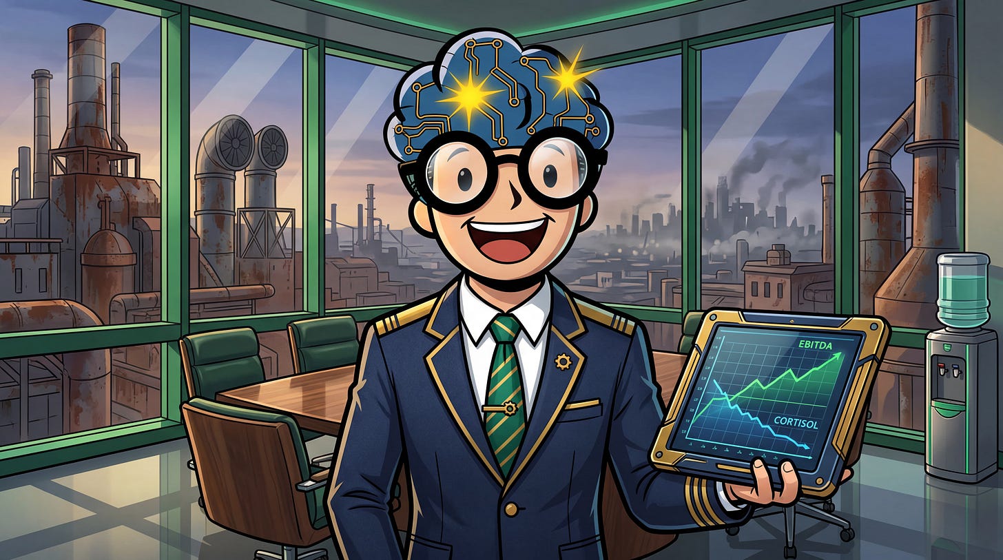 GMIND-BOY en tenue de consultant stratégique analysant les courbes de rentabilité et de stress en entreprise dans un bunker high-tech.