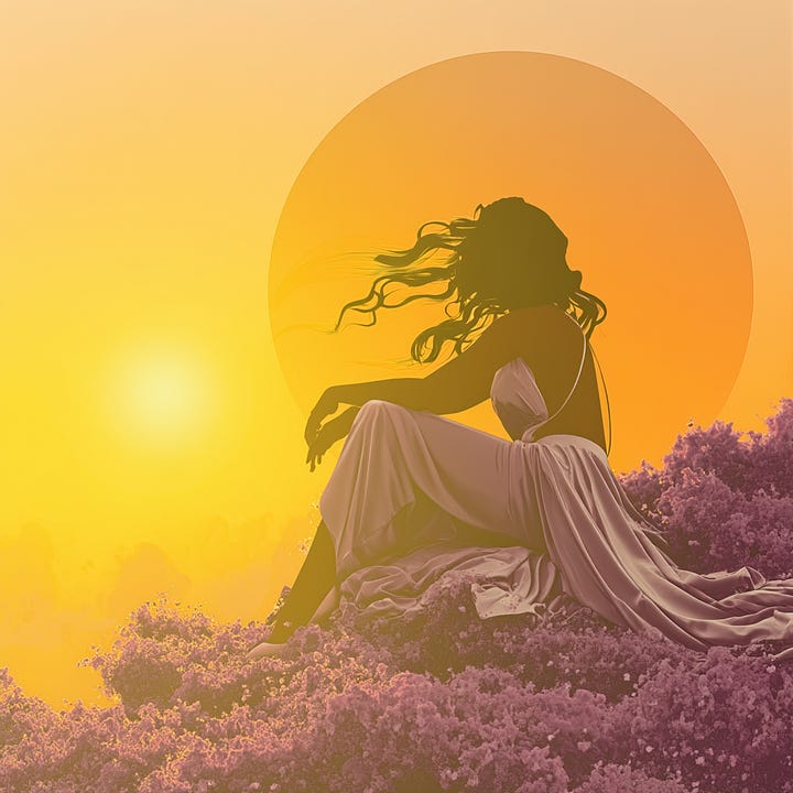 A dark-skinned woman with long flowing silk-textured hair on soft ground, a large glowing sun forms a circular backdrop. The woman wears a flowing white silk dress