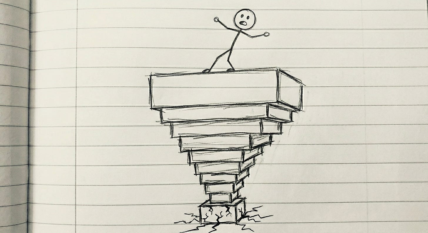 A stick figure stands arms-out on top of an inverted pyramid of blocks, balancing on a crumbling base. The structure narrows to almost nothing at the bottom. Cracks spread across the ground beneath it.