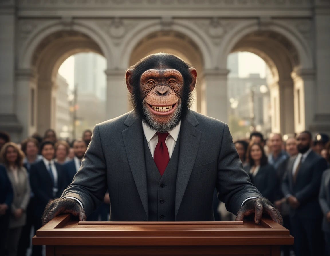 Chimpanzee dressed in 3 piece suit, smiling, and serving as a politician Chimpanzee dressed in 3 piece suit, smiling, and serving as a politician
