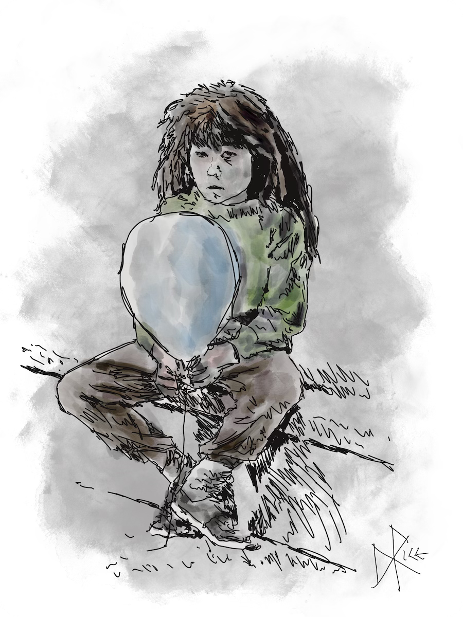 A messy-haired, seated girl holding a blue balloon. Sketch art by Don Rice. A messy-haired, seated girl holding a blue balloon. Sketch art by Don Rice.