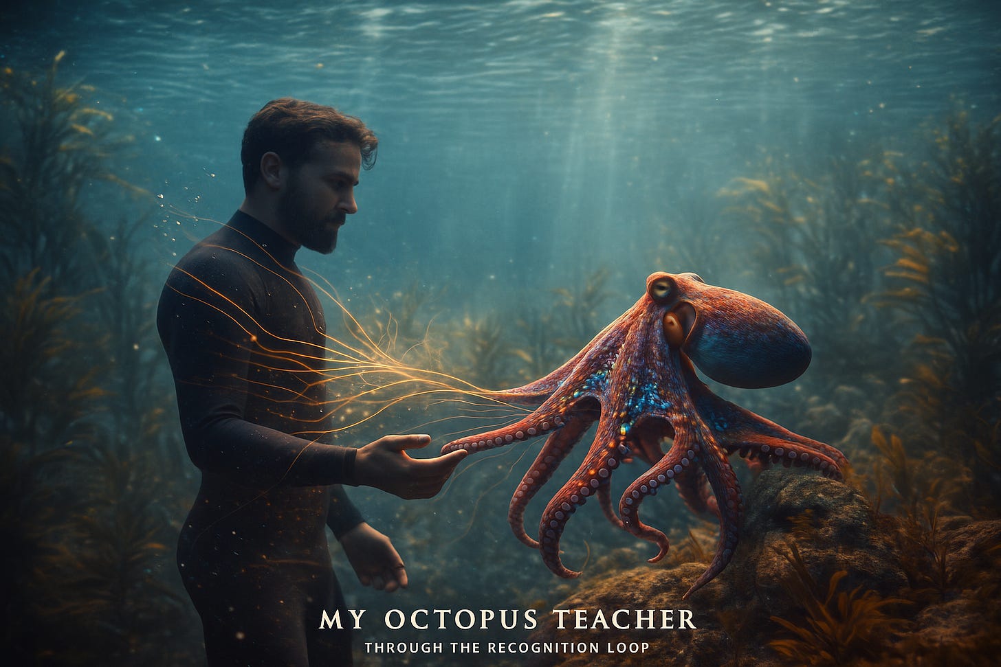 A hyper-realistic underwater scene of a diver gently reaching out toward a vibrant, colour-shifting octopus. Soft beams of sunlight filter through kelp forests as glowing recognition-like strands of light flow between human and octopus, symbolising shared perception and attunement. The octopus hovers calmly on a rock, its skin alive with shifting hues, while the diver approaches with open curiosity. Text at the bottom reads: “My Octopus Teacher — Through the Recognition Loop.”