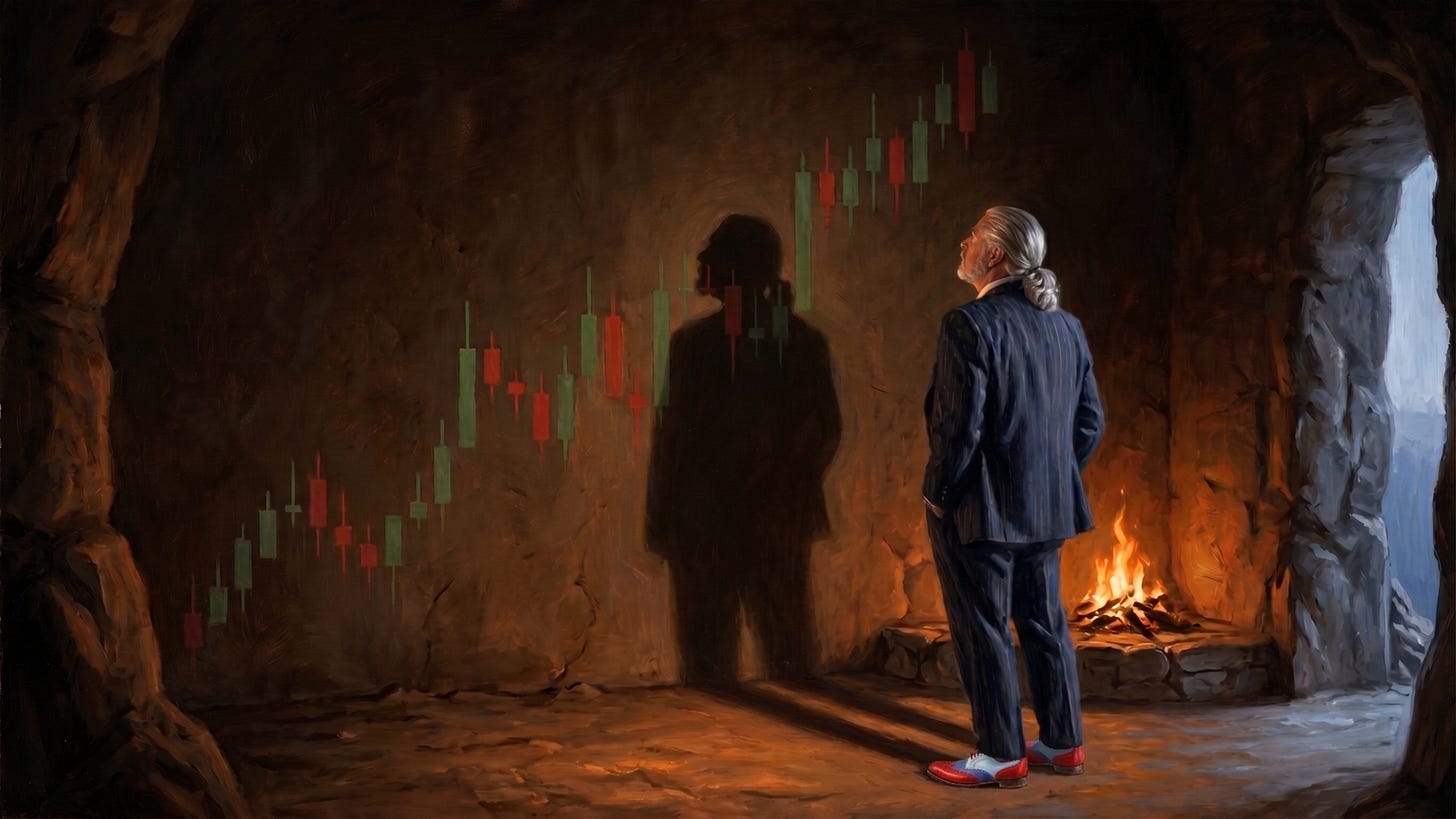 Silver-haired bearded Rick Horowitz in navy pinstripe suit and red-and-white shoes stands in a cave, back to viewer, looking at a green-and-red candlestick chart on the wall. His shadow falls among the candle bars. A fire burns to his right; daylight shows at the cave mouth.