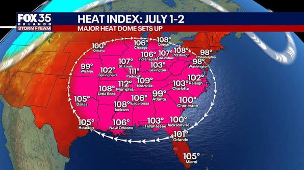 A map of the US showing a heat dome over the midwest