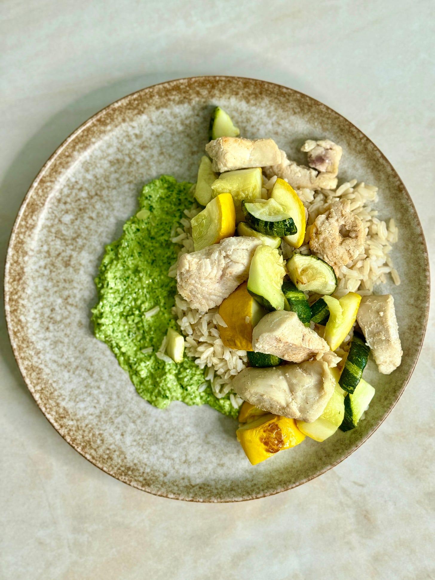 pan-seared zucchini, chicken, and rice
