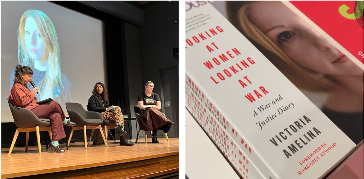Photo 1: three people on stage in front of a projection of a fourth. 2. Stacks of copies of Looking at women, looking at war Photo 1: three people on stage in front of a projection of a fourth. 2. Stacks of copies of Looking at women, looking at war