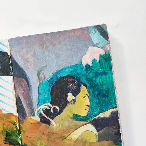 Two mixed media art journal spreads and one detail. The first is dark, with collage and paint and the words "body and soul." The second is a close-up of a painting of a girl staring to the right. At right is a full spread, in teal and light green, of ballet dancers.