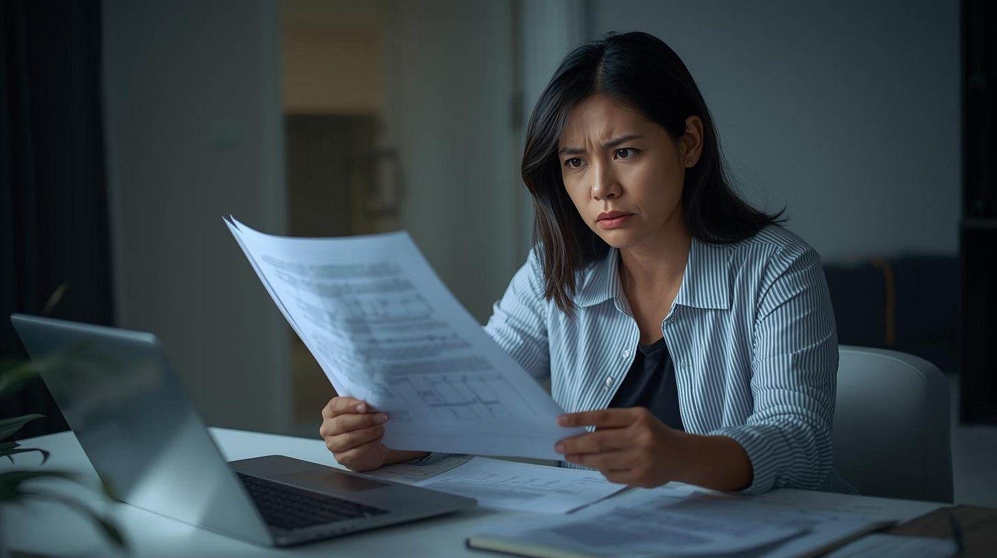 Woman carefully reviewing construction documents and BOQ at desk, verifying quotes and contracts before building. Woman carefully reviewing construction documents and BOQ at desk, verifying quotes and contracts before building.