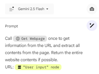 ChatGPT said:  A Google Opal prompt editor showing instructions to call the Get Webpage tool using the URL provided by the User input node.