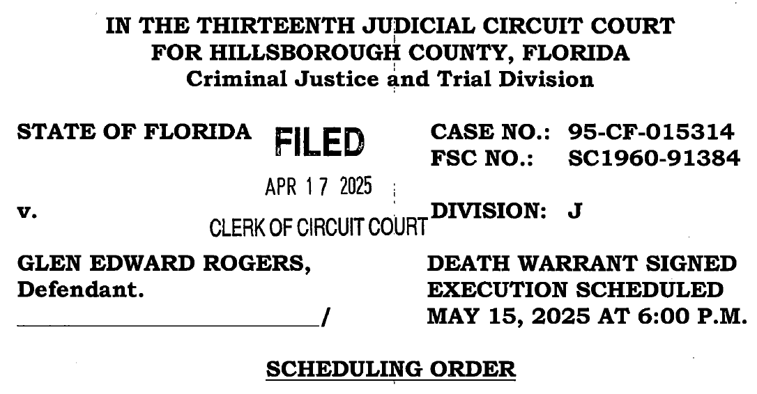 ROGERS WARRANT: Circuit court Scheduling Order