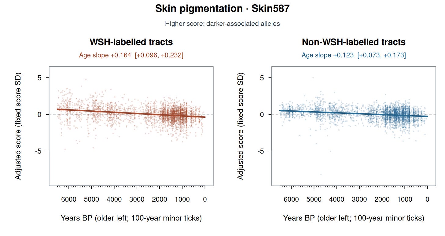 Side-by-side scatterplots of adjusted Skin587 scores on WSH-labelled and non-WSH-labelled tracts from 6,500 years BP to the present, with older dates left and fitted lines descending toward younger dates. Side-by-side scatterplots of adjusted Skin587 scores on WSH-labelled and non-WSH-labelled tracts from 6,500 years BP to the present, with older dates left and fitted lines descending toward younger dates.