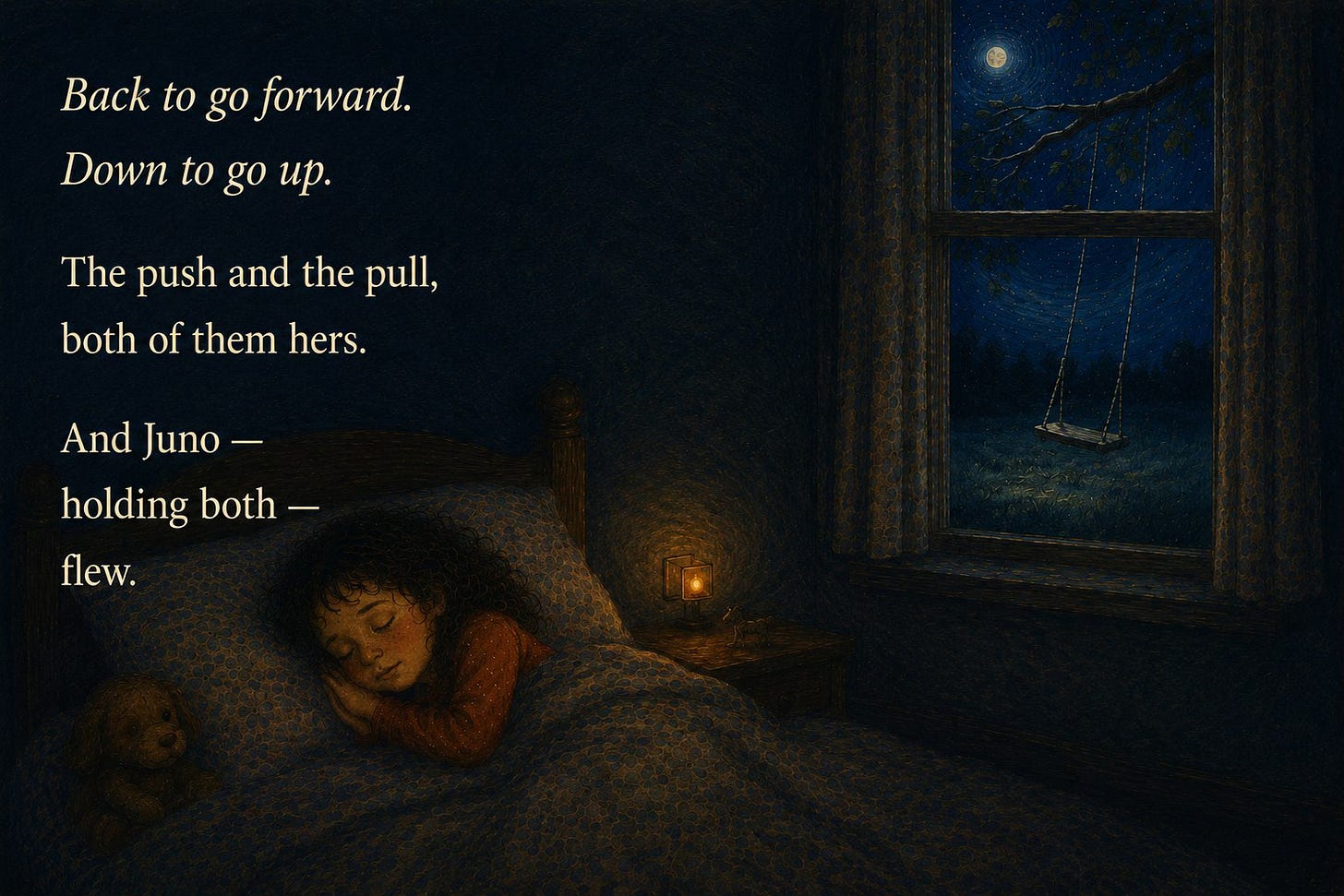 Back to go forward. Down to go up. The push and the pull, both of them hers. And Juno, holding both, flew. Juno asleep in bed; through the window the empty swing hangs in the moonlight.