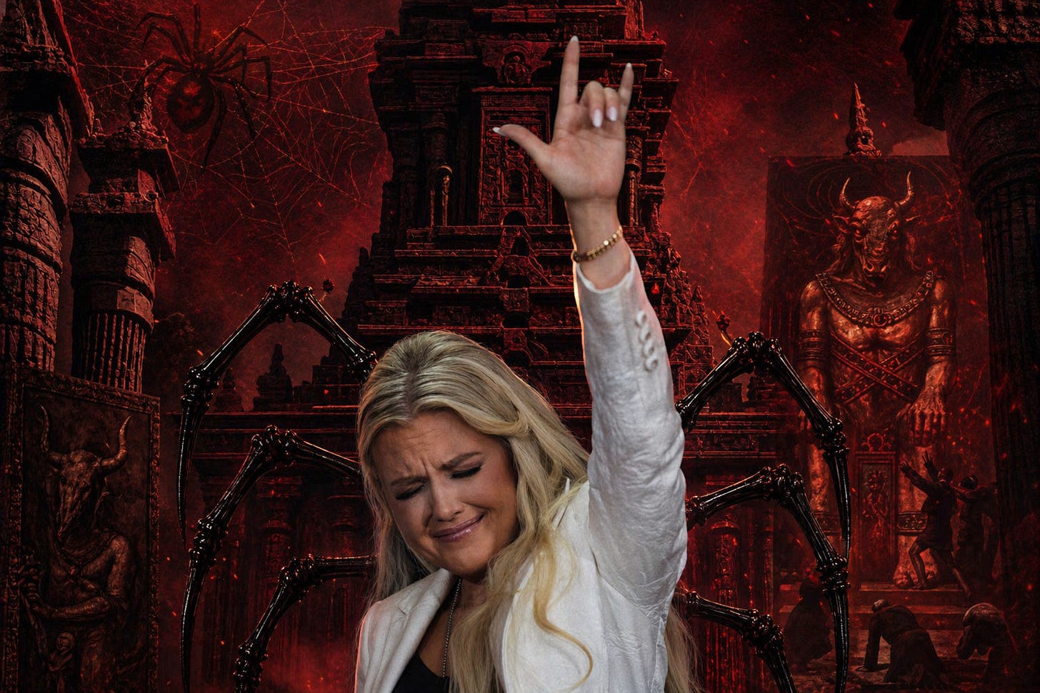 Erika Kirk rendered in Black Widow form beneath crimson ritual light: grief elevated into spectacle, spectacle elevated into authority, and authority made to look holy. The image captures the logic of this section exactly — not faith confessed, but counterfeit spiritual glamour, where performance, prayer-language, and public blessing fuse into a false aura of righteousness.