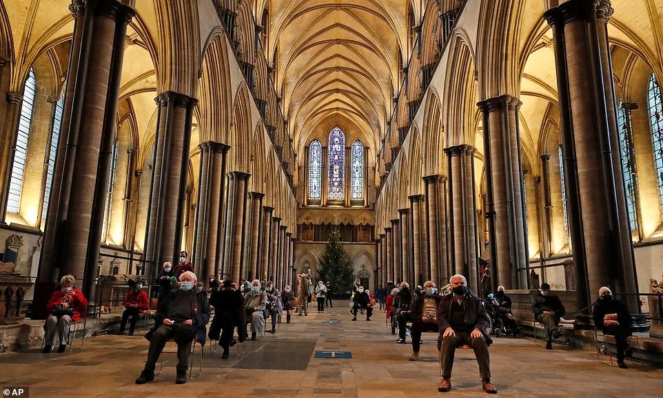Vaccinations are continuing to be dished out at Salisbury Cathedral today as religious landmarks join the battle against the coronavirus