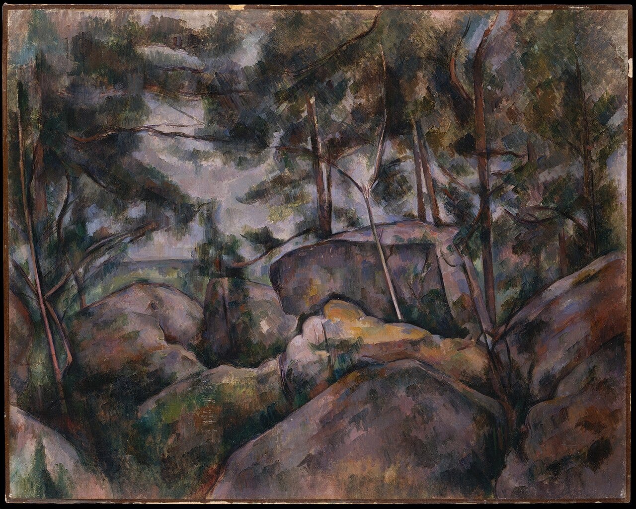 Grey boulders and slender trees in a forest, built from blocky patches of green and grey paint Grey boulders and slender trees in a forest, built from blocky patches of green and grey paint