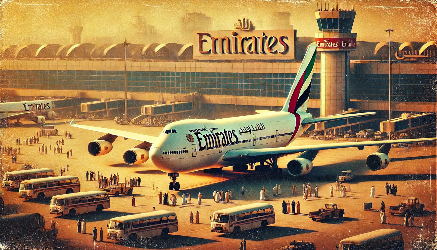 A vintage image of the first Emirates plane, a modest aircraft featuring the airline's early logo, parked in front of a bustling Dubai airport in the 1980s. The airport is lively with passengers, crew, and ground staff preparing for departure. The image has a nostalgic, slightly grainy texture, evoking excitement, anticipation, and the promise of something great to come. The warm golden hues of the setting sun add to the historic atmosphere.