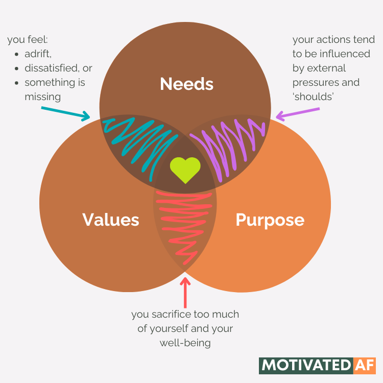 a venn diagram with needs, values, and purpose as the three domains