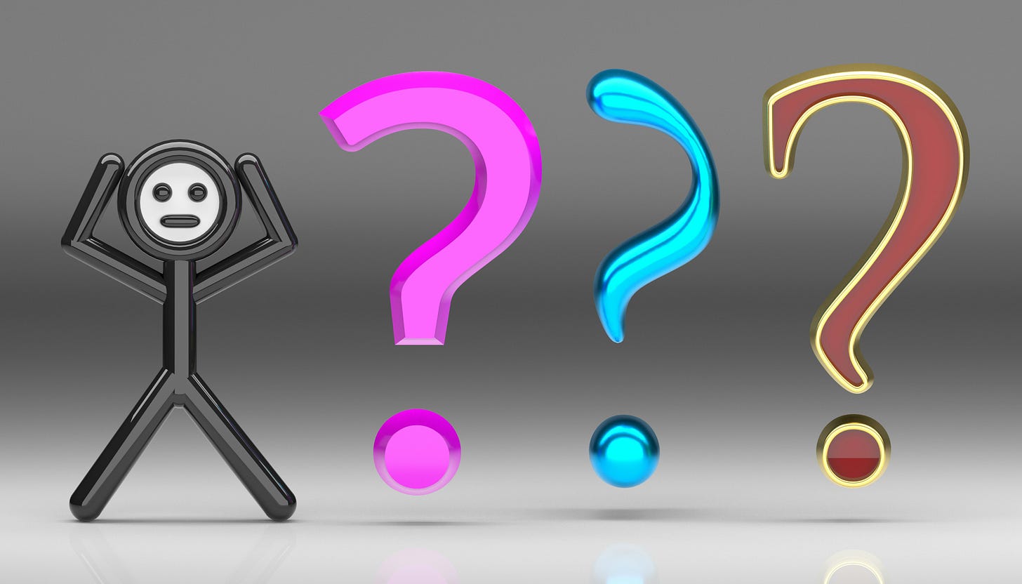 3D rendered stick figure with hands up next to colorful question marks representing confusion about landing page problems and solutions