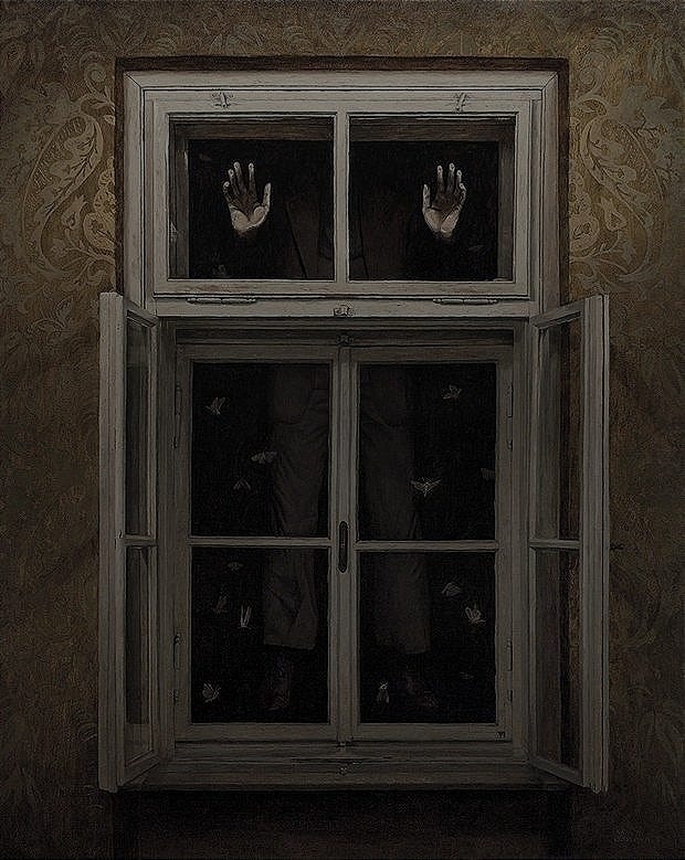 This may contain: a painting of two hands sticking out of a window