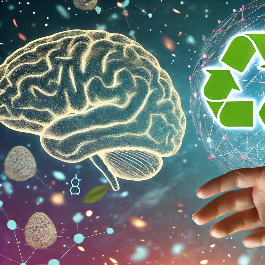 An illustration representing the concept of brain development and environmental impact. The image should depict a symbolic representation of the brain with gentle, interconnected pathways, surrounded by environmental elements like plastic particles or chemical symbols subtly integrated into the design, highlighting the impact of substances like BPA. The brain should look vibrant and healthy but show a subtle interaction with the external environment, suggesting influence without being alarming. The scene should be scientific yet accessible, with a blend of technology and nature to emphasize research and hope for future improvements in neurodevelopmental health.