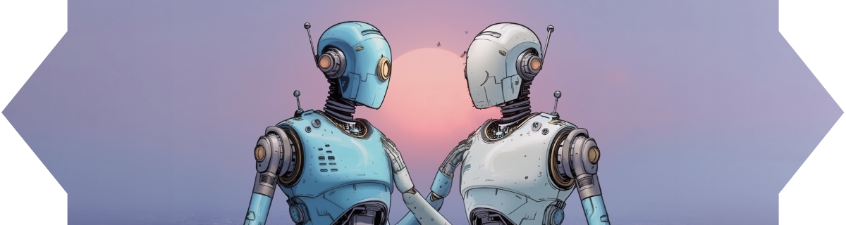 Two humanoid robots stand facing each other and holding hands with a large sun setting behind them.