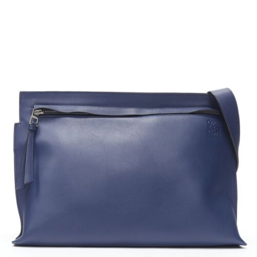 LOEWE 2017 T Messenger navy blue leather logo emboss zip crossbody messenger bag - Picture 1 of 12