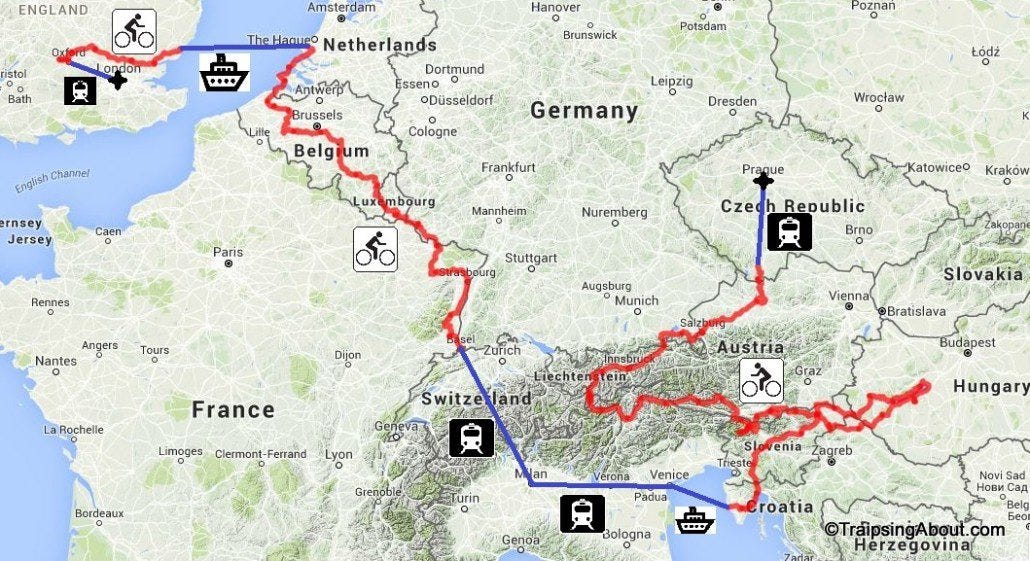 The route! Starting in London, we pedaled 2,500 miles, took a couple ferries, and hopped on a few trains. The route! Starting in London, we pedaled 2,500 miles, took a couple ferries, and hopped on a few trains.