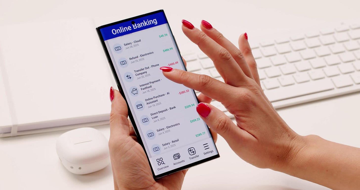 Young Woman Securely Checks Online Banking App Young Woman Securely Checks Online Banking App