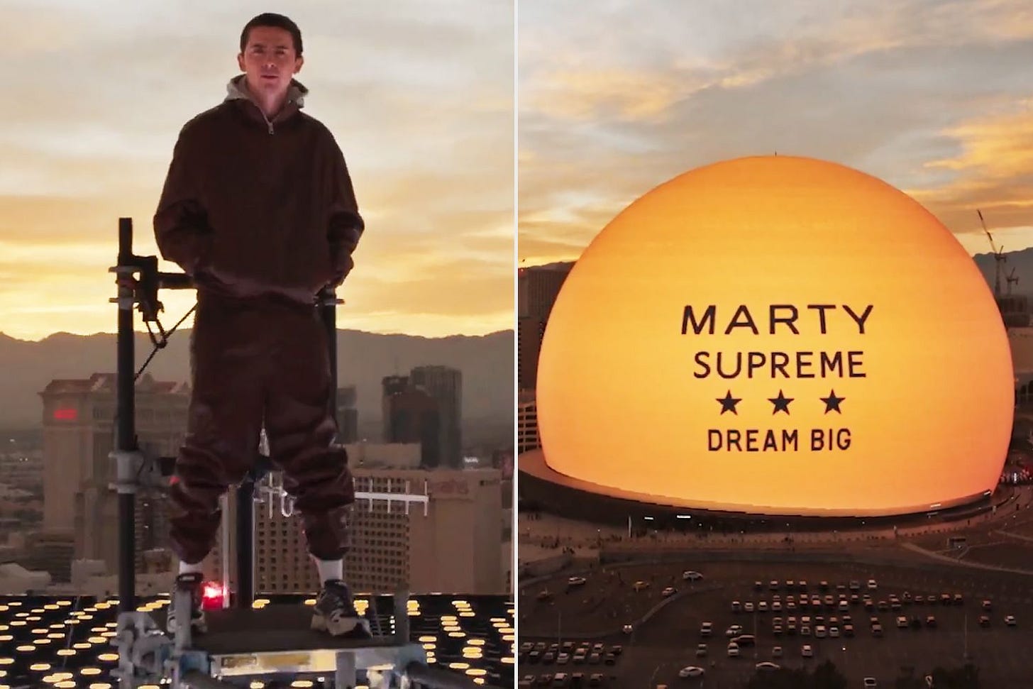 Timothée Chalamet stands on top of Sphere to promote 'Marty Supreme'
